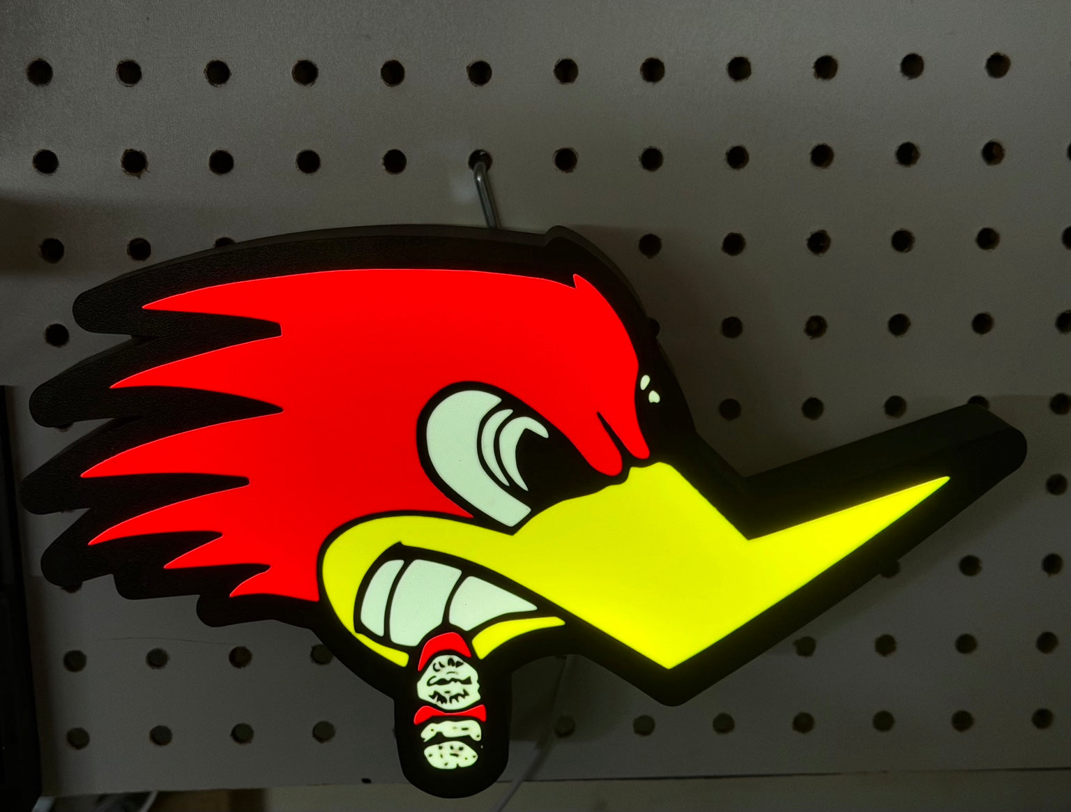Red yellow black and white woodpecker character 3D printed LED light box